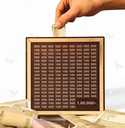 Hand inserting money into a wooden board with numbers, surrounded by Indian currency.