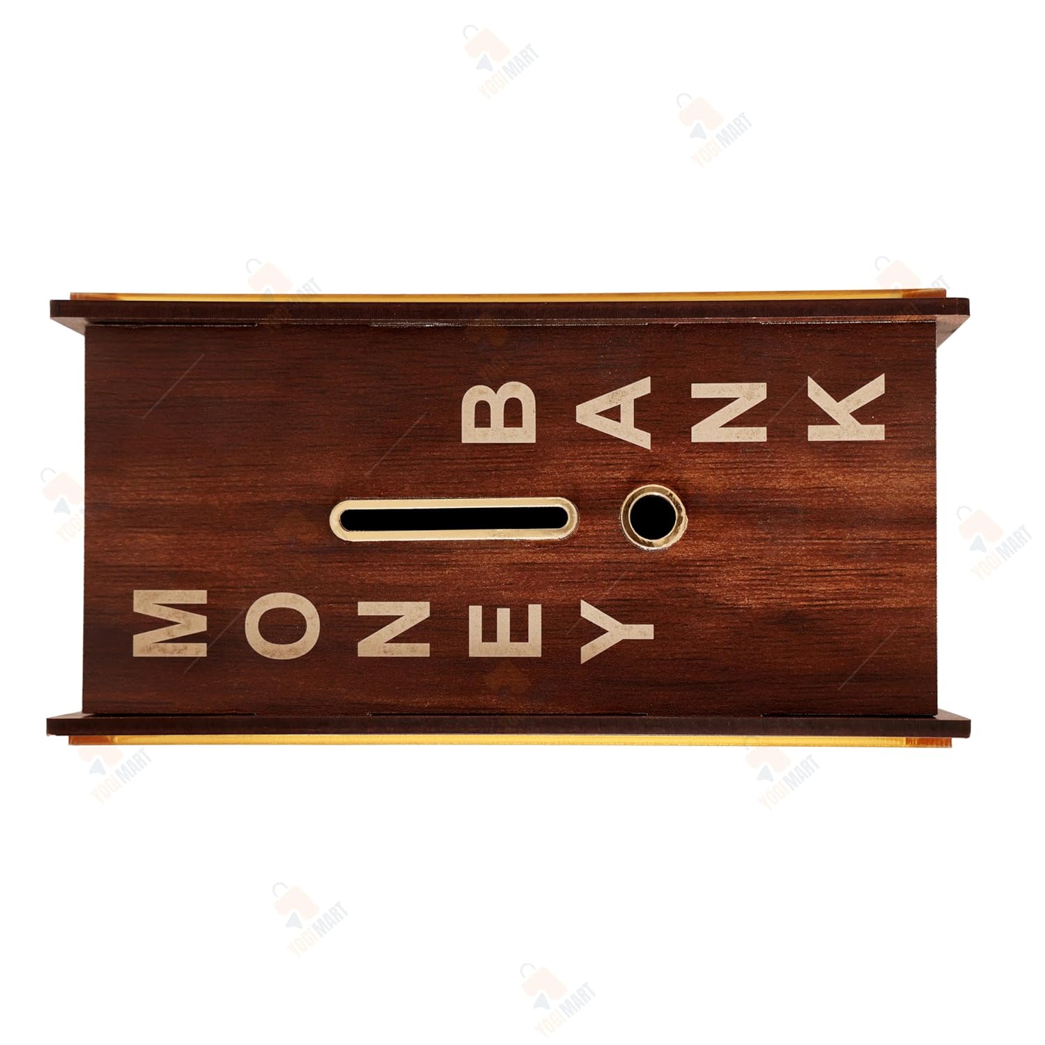 Wooden money box with 'Bank Money' text on a white background