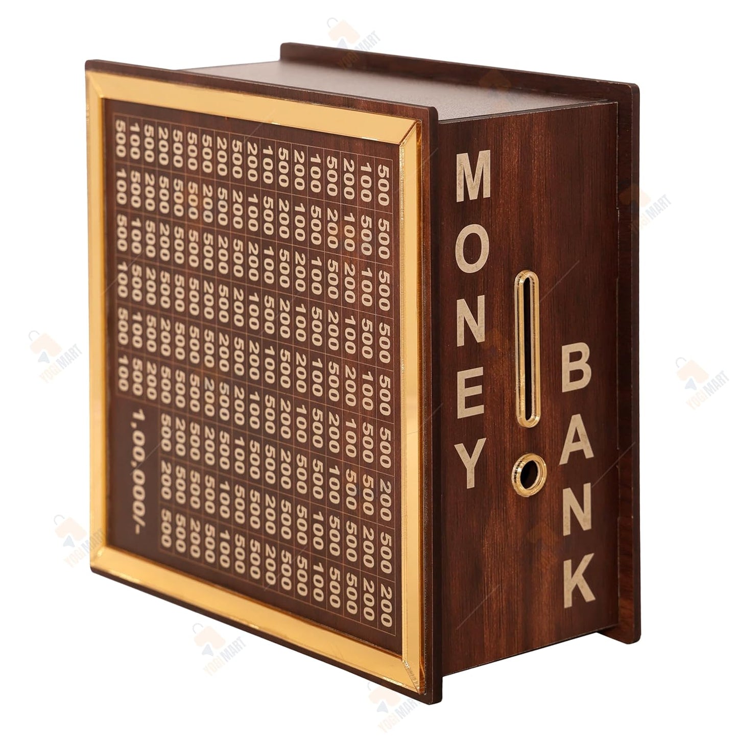 Wooden money bank with gold accents on a white background