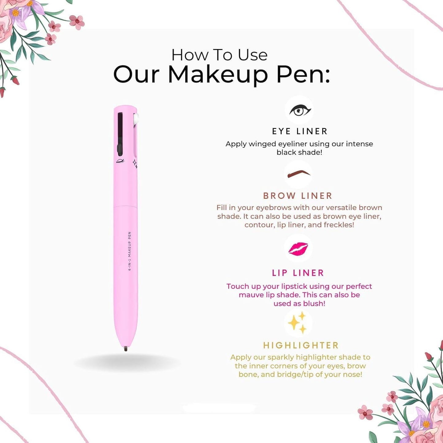 Pink makeup pen with usage instructions on a white background