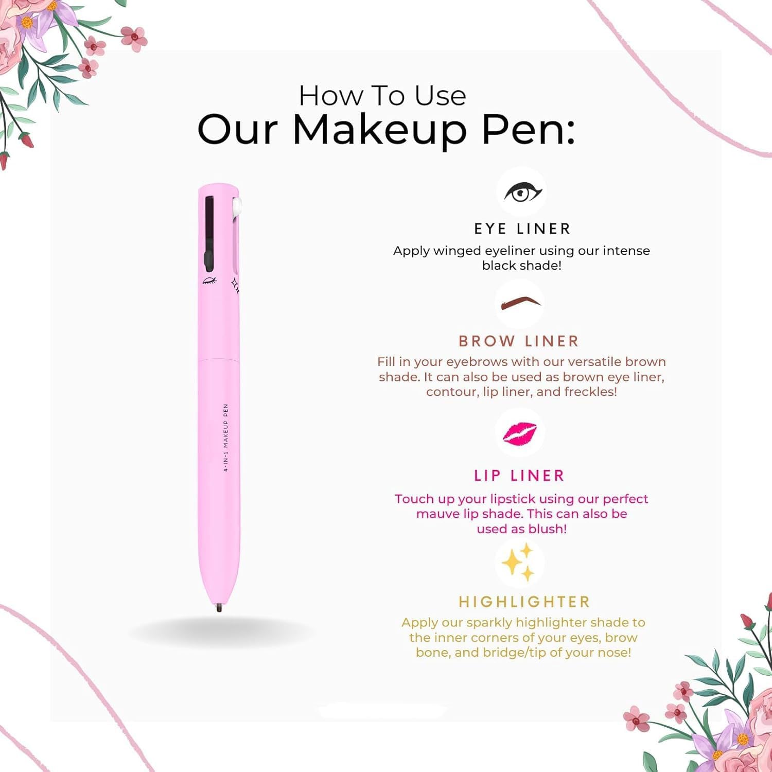 Pink makeup pen with usage instructions on a white background
