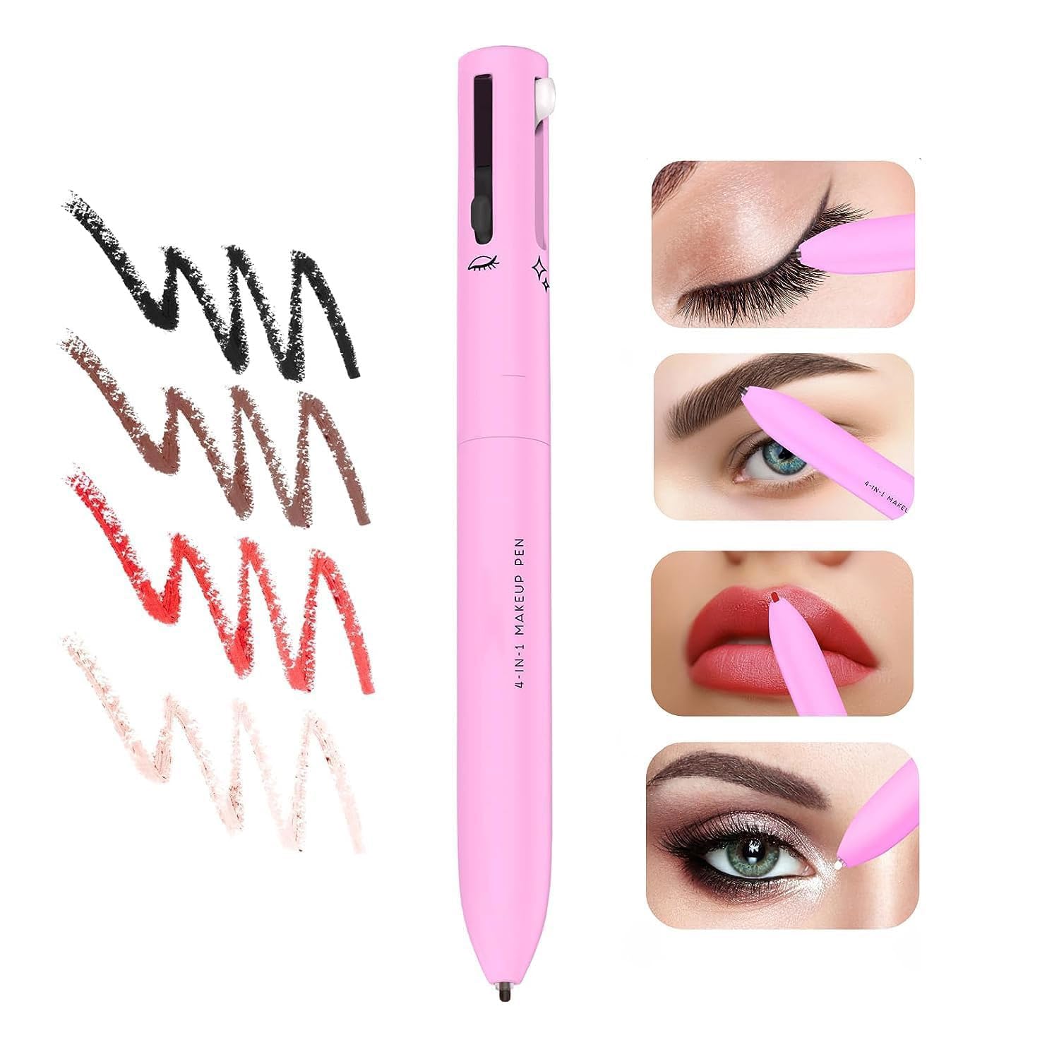 Pink makeup pen with color swatches and application examples on a white background