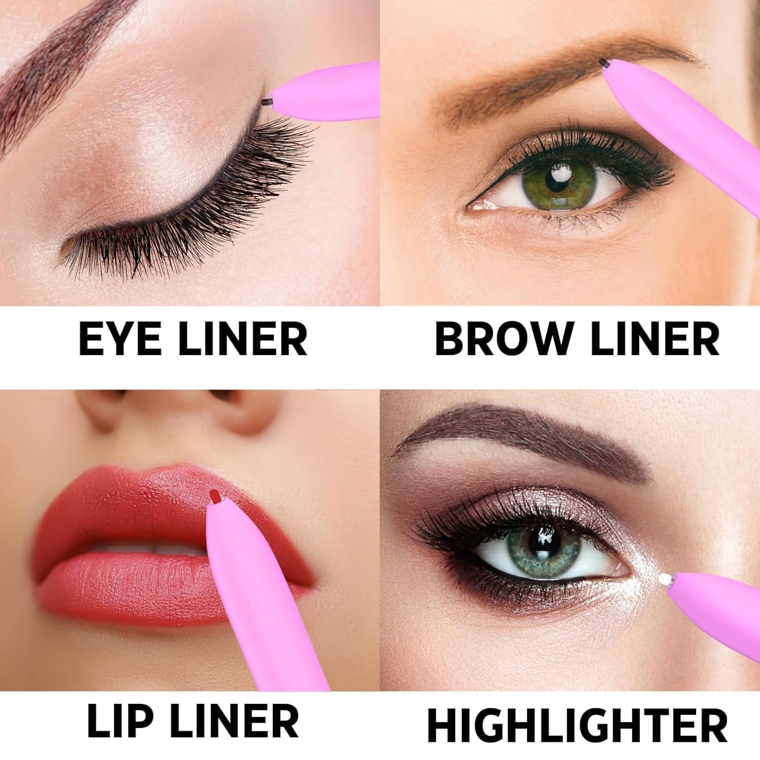 Makeup application with pink liners on eyes, brows, lips, and a highlighter.