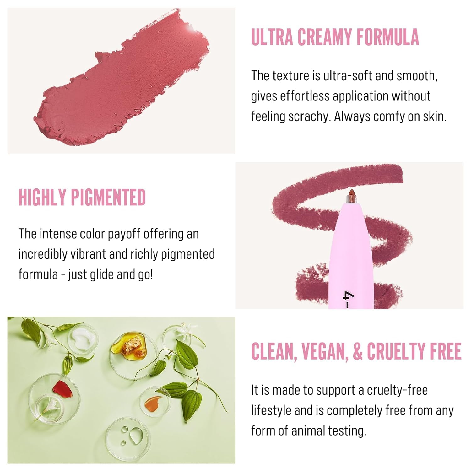 Lipstick swatch with product features on a white background