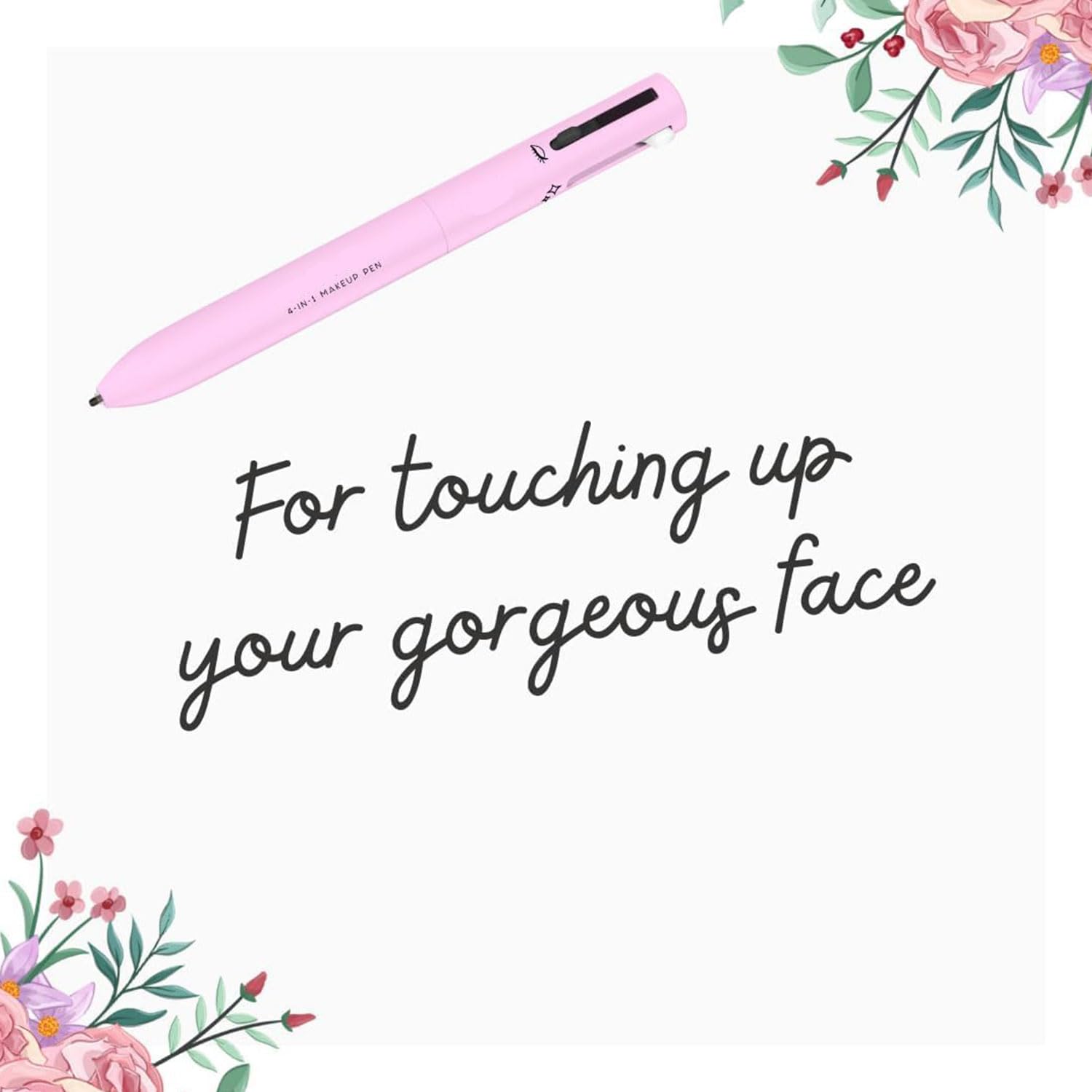 Pink makeup pen with floral designs on a white background