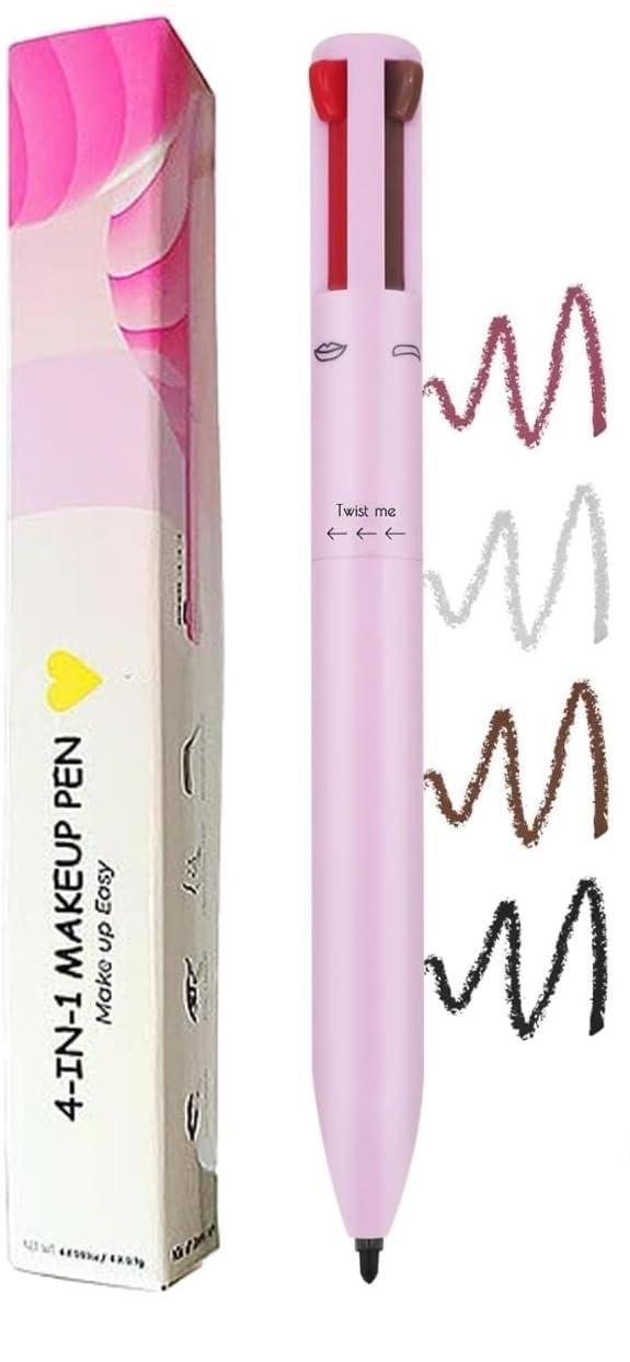 Pink makeup pen with packaging and sample lines on a white background