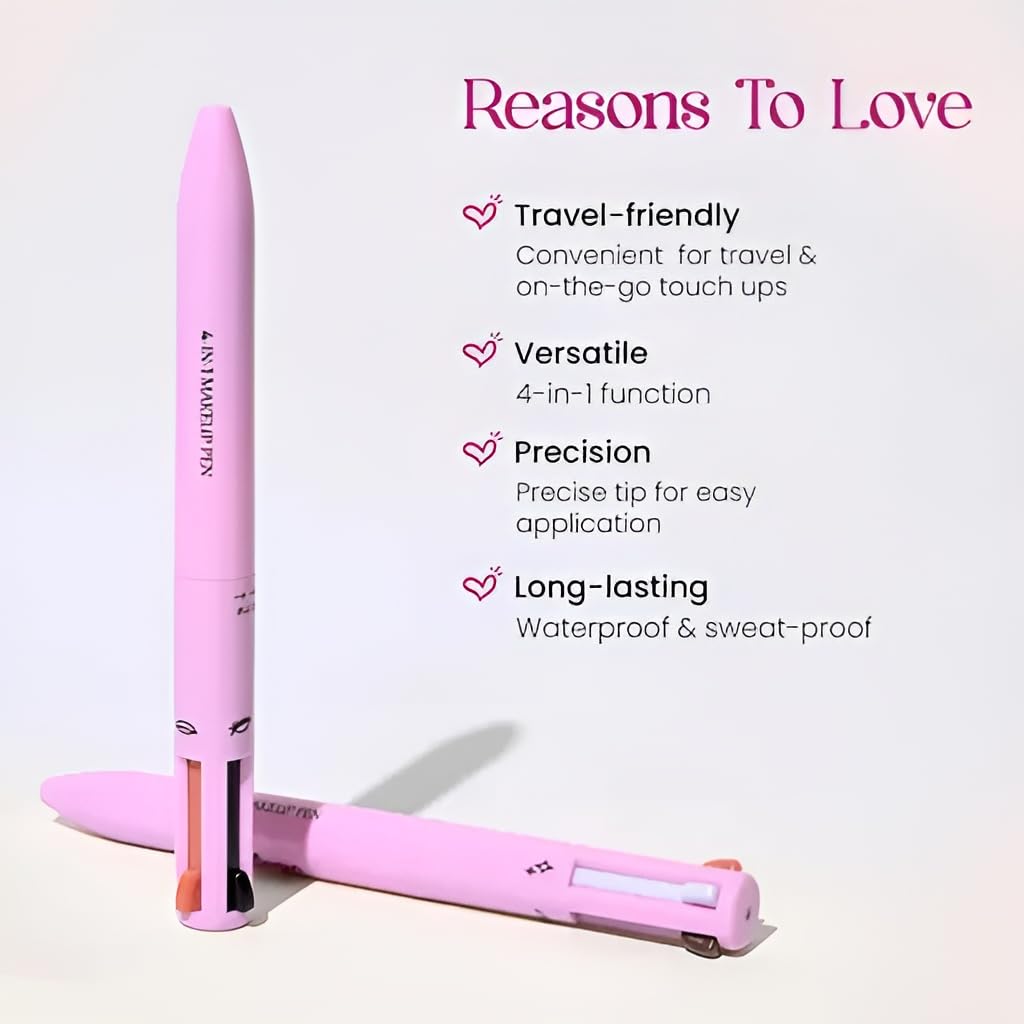 Pink makeup pen with text listing reasons to love it on a light gray background