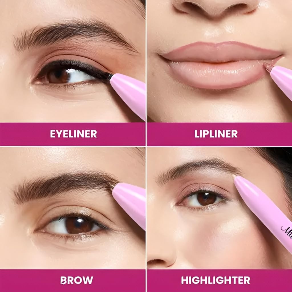 Makeup application process with eyeliner, lipliner, brow, and highlighter on a person's face.