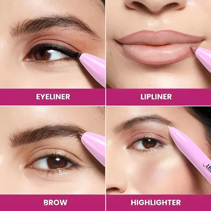 Makeup application process with eyeliner, lipliner, brow, and highlighter on a person's face.