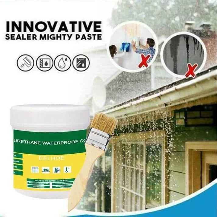 Container of urethane waterproof coating with a brush, shown on a snowy roof background.