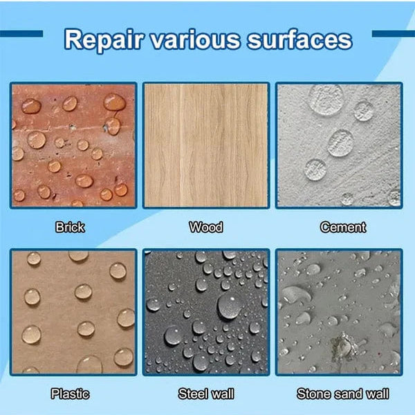 Various surfaces with water droplets demonstrating repair capabilities.